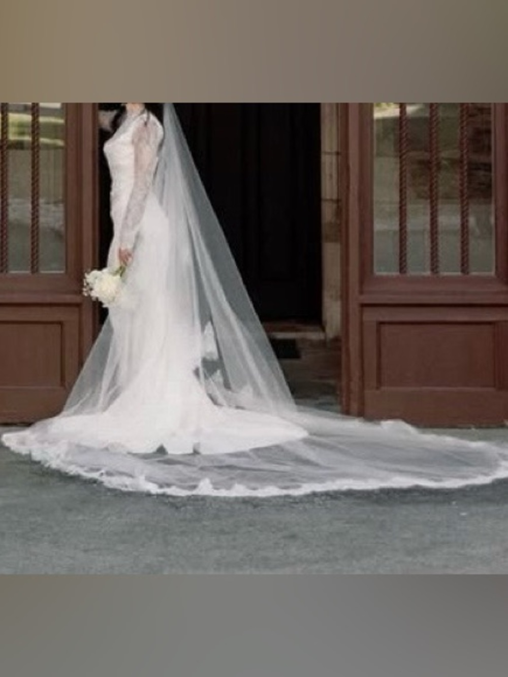 Off White Bridal Cathedral Veil with blusher Chantilly lace trim from France